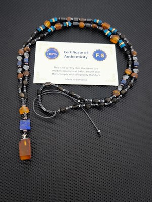 Tahrastone Fosilli Baltık Damla Kehribar-Lapis Lazuli-Kaplangözü-Obsidyen-Mavi Hematit Doğaltaş Kolye Takı Aksesuar Erkek Kolye