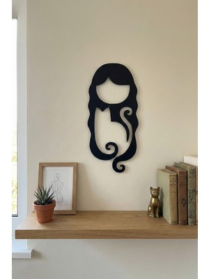 Alvina Atölye Dekoratif Minimalist Kadın ve Kedi Duvar Dekoru - Modern Siyah Duvar Tablosu