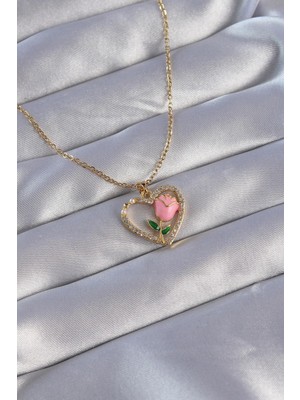 Inure Jewelry 316L Çelik Zincirli Gold Renk Zirkon Taşlı Kalp Içinde Pembe Gül Tasarımlı Kolye
