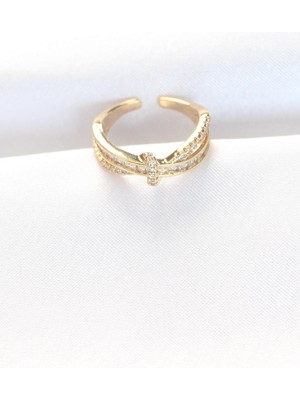 Inure Jewelry Kıvrım Model Gold Renk Zirkon Taşlı Ayarlanabilir Yüzük