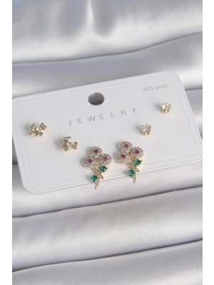 Inure Jewelry Pirinç Gold Renk Renkli Zirkon Taşlı Çiçek Model Yaprak Detay 925 Ayar Gümüş Çivi Kadın Küpe Seti