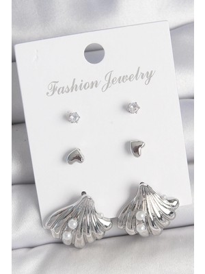 Inure Jewelry Pirinç Gümüş Renk Zirkon Taş Detaylı Inci Detaylı Deniz Kabuğu Model 3 Çift Kadın Küpe