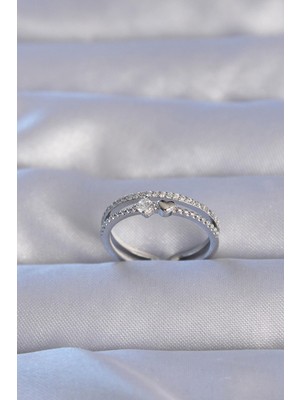 Inure Jewelry Pirinç Gümüş Renk Zirkon Taşlı Kalpli Su Yolu Model Ayarlanabilir Yüzük