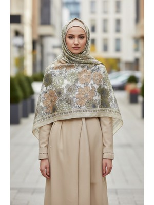 Çiçek Desenli Kehribar Şal 70358-14 Yağ Yeşili