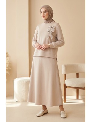 Fiyonk Detaylı Tunik Etek Ikili Takım 0237-01 Bej