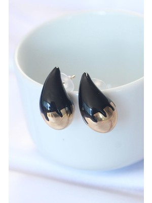 Inure Jewelry Minimal Siyah Mineli Çift Renk Damla Küpe