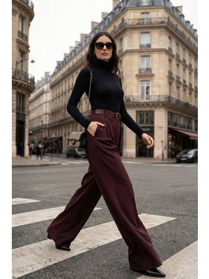 Lela Wide Leg Yüksek Bel Bol Paça Kemer Detaylı Pantolon Bayan Pantolon 6923855