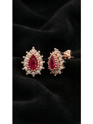 Erdobia Yakut Taşlı Rose Damla Anturaj Minimal Çivili Gümüş Küpe