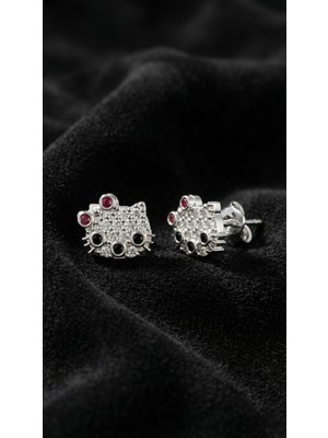 Erdobia Mix Taşlı Rodyum Hello Kitty Çivili Minimal Gümüş Küpe