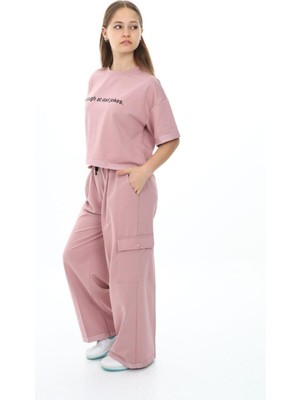 Pantulux Kız Çocuk %100 Pamuk Oversize Kargo Cepli Yarım Kol Alt-Üst Eşofman TAKIM-EŞT-2016