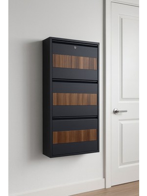 Karlı 3'lü Kilitli Antrasit Ahşap Desenli Metal Ayakkabılık