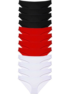 ModaSize 12 Adet Süper Eko Set Likralı Kadın Slip Külot Siyah Kırmızı Beyaz