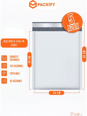 Packify 5 Adet 25X30 cm Beyaz Ekstra Kalın Balonlu Zarf Su Geçirmez Yapışkanlı Kargo Paketleme Torbası