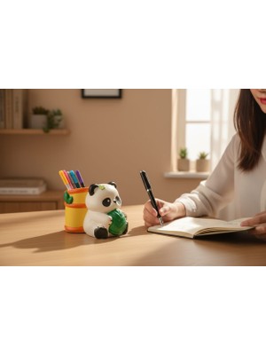 Kelebek Rüyası Sanat Atölyesi Dekoratif Panda Figürlü Kalemlik,fırçalık,saksı ( Sarı )