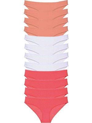 ModaSize 12 Adet Süper Eko Set Likralı Kadın Slip Külot Pudra Beyaz Fuşya