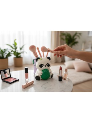 Kelebek Rüyası Sanat Atölyesi Dekoratif Panda Figürlü Kalemlik,fırçalık,saksı ( Lila )