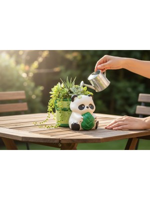 Kelebek Rüyası Sanat Atölyesi Dekoratif Panda Figürlü Kalemlik,fırçalık,saksı ( Yeşil)