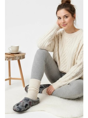 Gezer Kadın Kedi Desen Keçe Kumaş Çıkarılabilir Anatomik Taban Halı-Ev Terliği