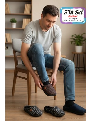 Gezer Erkek Kışlık Rahat Taban Çeyiz Ev Halı Misafir Ofis Terliği-(3'lü Set)
