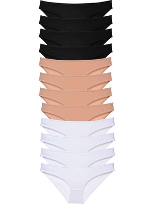 ModaSize 12 Adet Süper Eko Set Likralı Kadın Slip Külot Siyah Ten Beyaz