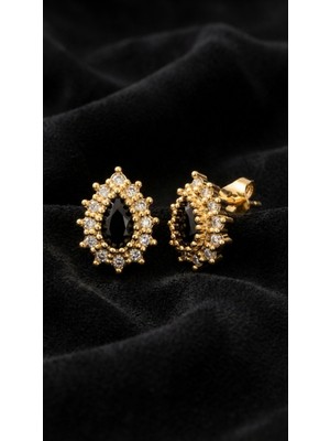 Erdobia Oniks Taşlı Gold Damla Anturaj Minimal Çivili Gümüş Küpe