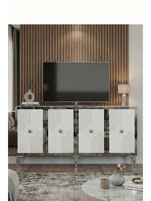 Ceneyra KA1526BS PEGA150 Konsol, Kahve Köşesi, Tv Sehpası ve Çok Amaçlı Dolap 150CM Beyaz-Silver