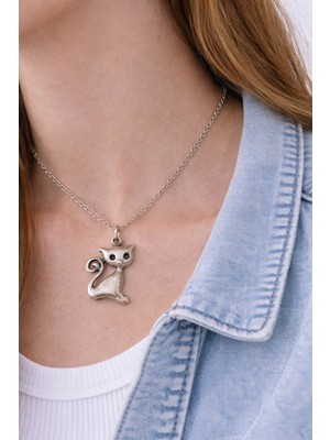 Herşey Nota Sevimli Kedi Figürlü Gümüş Renk Metal Tasarım Unisex Günlük Kolye