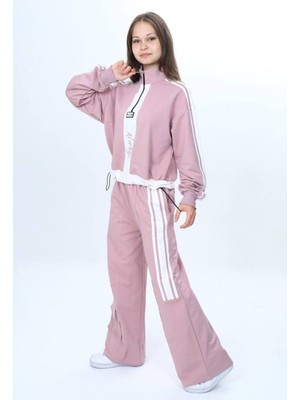 Pantulux Kız Çocuk 2 Iplik Yarım Fermuarlı Garnili Eşofman Takımı %100 Pamuk Rahat KALIP-325-EŞT-2001