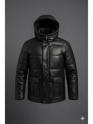 Verra Erkek Siyah Hakiki Deri Kapüşonlu Şişme Mont - Premium Kışlık Parka