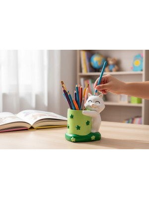 Kelebek Rüyası Sanat Atölyesi Dekoratif Kedi Figürlü Kalemlik ( Yeşil )