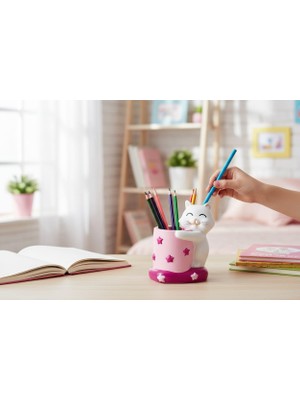 Kelebek Rüyası Sanat Atölyesi Dekoratif Kedi Figürlü Kalemlik ( Pembe )