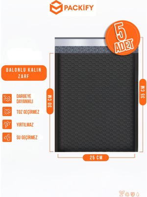 Packify 5 Adet 25X30 cm Siyah Ekstra Kalın Balonlu Zarf Su Geçirmez Yapışkanlı Kargo Paketleme Torbası