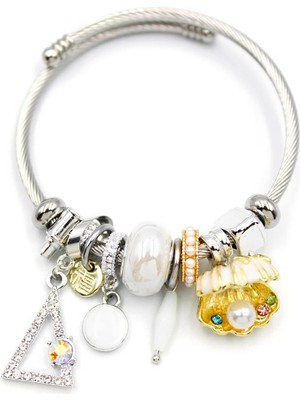 ModaSize Çelik Charmlı Incili Deniz Kabuğu Bilezik - Beyaz