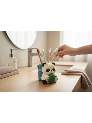 Kelebek Rüyası Sanat Atölyesi Dekoratif Panda Figürlü Kalemlik,fırçalık,saksı ( Turkuaz )