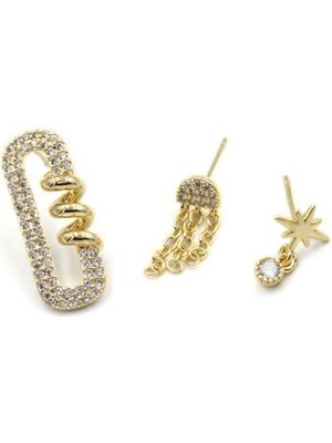 ModaSize 3'lü Taşlı Halka Küpe - Altın