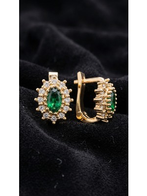 Erdobia 925 Ayar Gümüş Zümrüt Taşlı Gold Oval Çocuk Küpesi