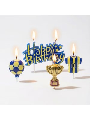 Parti Sürprizi Taraftar Temalı Sarı Lacivert Happy Birthday Kupa Şekilli Mum Set