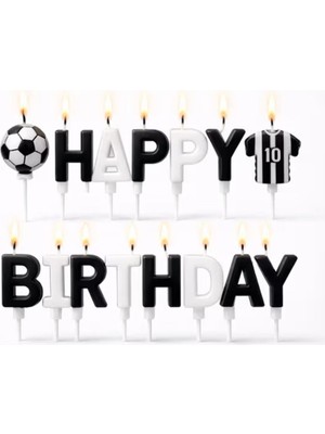 Parti Sürprizi Taraftar Temalı Futbol Topu Happy Birthday Siyah Beyaz Mum Set