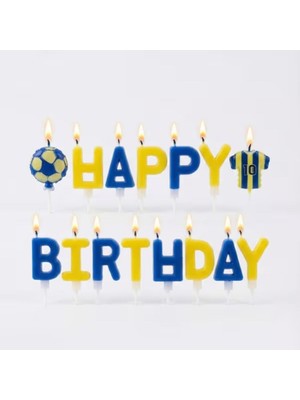 Parti Sürprizi Taraftar Temalı Futbol Topu Happy Birthday Sarı Lacivert Mum Set