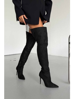 Ayakkabı Prensi Paint Diz Üstü Siyah Suet 10 cm Kadın Çizme, Topuklu Çizme