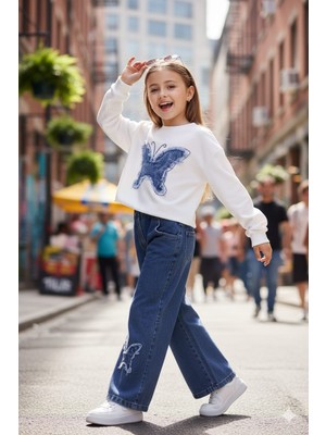 Miviko Kız Çocuk  Takımı  Alt Ust Set Mevsimlik Kelebek Nakışlı  Yumuşak  Kotlu  Kot Beli Lastıkli .pamuk Kumaş