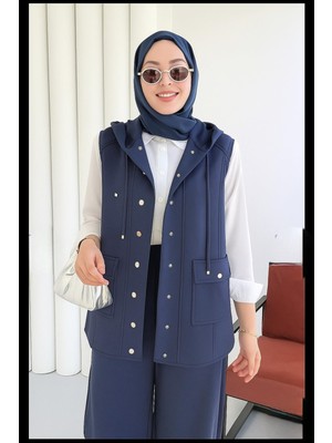 Moda Paketi Kapüşon Detaylı Düğmeli Scuba Yelek Oversize Kalıp - Lacivert