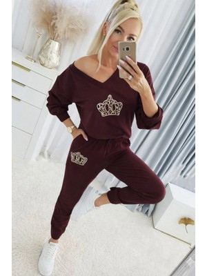 Arona Mdb Kadın Uzun Kollu V Yakalı Desenli Viskon Iki Iplik Bluz ve Pantolon Ikili Takım