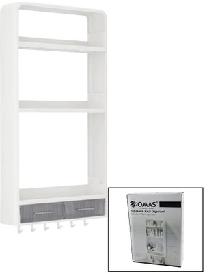 Go İthalat Beyaz Yapışkanlı Duvar Organizeri Plastik 3 RAF=14CM-19CM-30CM - 2 ÇEKMECE=40CM - 6 Askı 19 Parça (5468)