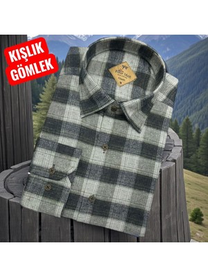 Eren Style Klasik %100 Cotton Uzun Kollu Yakası Gizli Düğmeli Kışlık Flanel Gömlek (Regular Kalıp)