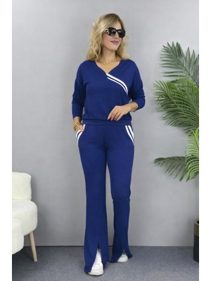 Arben Boutique Kadın Uzun Kollu V Yakalı Şerit Detaylı Viskon Iki Iplik Bluz ve Pantolon Ikili Takım
