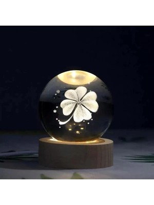 Nacario Dekoratif Yonca Tasarımlı Ahşap Altlıklı Işıklı Cam Küre Büyük Boy Cam:8cm Ahşap:2cm