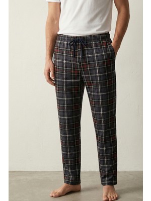 Elemge Kareli Erkek Pijama Altı Füme Yumuşak Süet Kumaş Rahat Kesim Cepli Bağcıklı Relax Fit Ekoseli Esnek