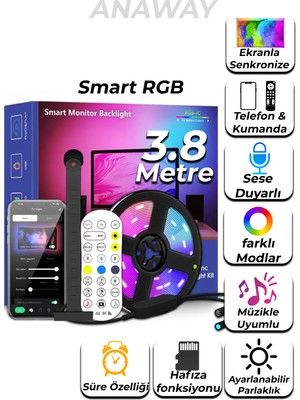 Anaway Shopping Akıllı LED Şerit, LED Tv Arkadan Aydınlatmalı Rgb Şerit 3,8m, 40 – 75 Inç Tv ve Pc Için,usb ile Çalışma, Kamera&müzik Senkronizasyonu, Oyun Odası Için Akıllı Işıklar