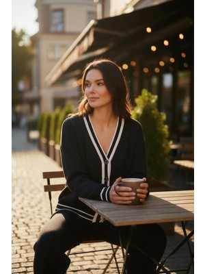 Mandala Tekstil Kadın Triko Hırka Pantolon Çizgi Detaylı Takım